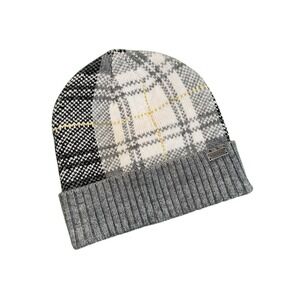 Igloos Plaid Knit Beanie Hat Mens Gray White Black Ribbed Cuff Winter Cap